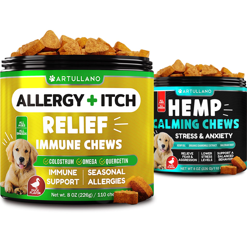 Dog Allergy Relief Chews + Hemp Calming Chews Bundle - Anti Itch Support - Immune Health Supplement for Dogs - Dog Anxiety Relief for Storms, Barking, Separation - Soft Treats - Made in USA - PawsPlanet Australia