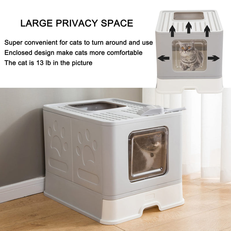 Suhaco Foldable Cat Litter Box with Lid, Large Enclosed Cat Litter Boxes, Top Entry Cat Potty, Easy to Clean Anti-Splashing Litter Pan Including Litter Scoop (Grey) Grey - PawsPlanet Australia