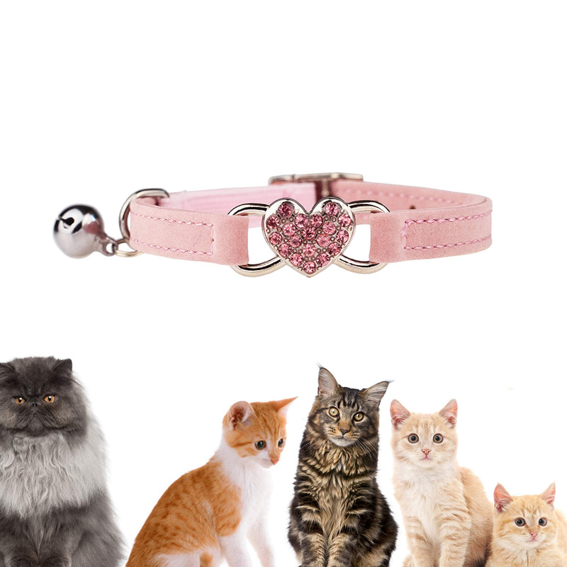 TRIWORIAE Adjustable Cat Collar with Bell and Heart Charm with Crystal Stones Soft Velvet Fabric Safe Collar 8-11" Pink - PawsPlanet Australia