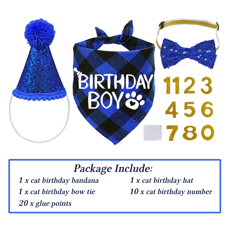 STMK Cat Birthday Party Supplies, Cat Birthday Hat with Cat Birthday Bandana Bow Tie Collar Birthday Number Cat Birthday Decorations for Cat Kitten Birthday Outfits Blue Cat Birthday Hat & Bandana & Bow Tie & Number - PawsPlanet Australia