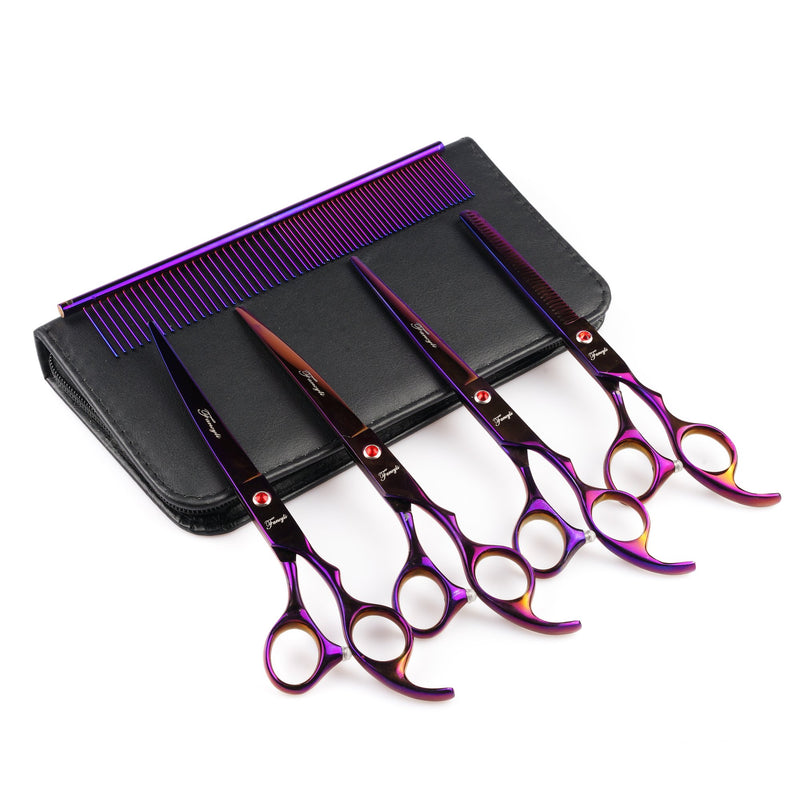 Fancyli Dog Grooming Scissors, Rainbow 7 inches Pet Stainless Steel Curved Scissor Suit Provided With Curved Thinning Shear and Steel Grooming Comb Set (Purple) Purple - PawsPlanet Australia