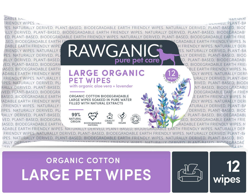 RAWGANIC Large Organic Pet Wipes, Gentle Natural Soothing Premium Cotton Biodegradable Wipes for large dogs & horses | with Aloe Vera and Lavender | 1 Pack (12 wipes in total) 1 Pack (12 wipes in total) - PawsPlanet Australia
