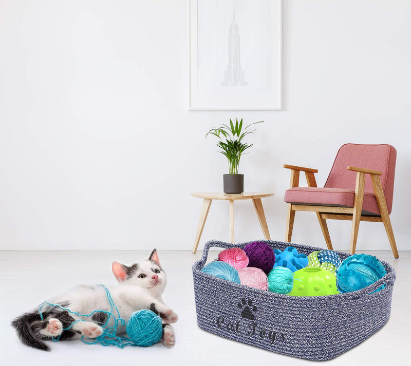 Morezi Durable rope cat toy box with handle, pet toy basket(blue), kitties bed, pet toy box- Perfect for organizing pet toys, blankets, leashes, coats - Cat - Blue Cat Blue - PawsPlanet Australia