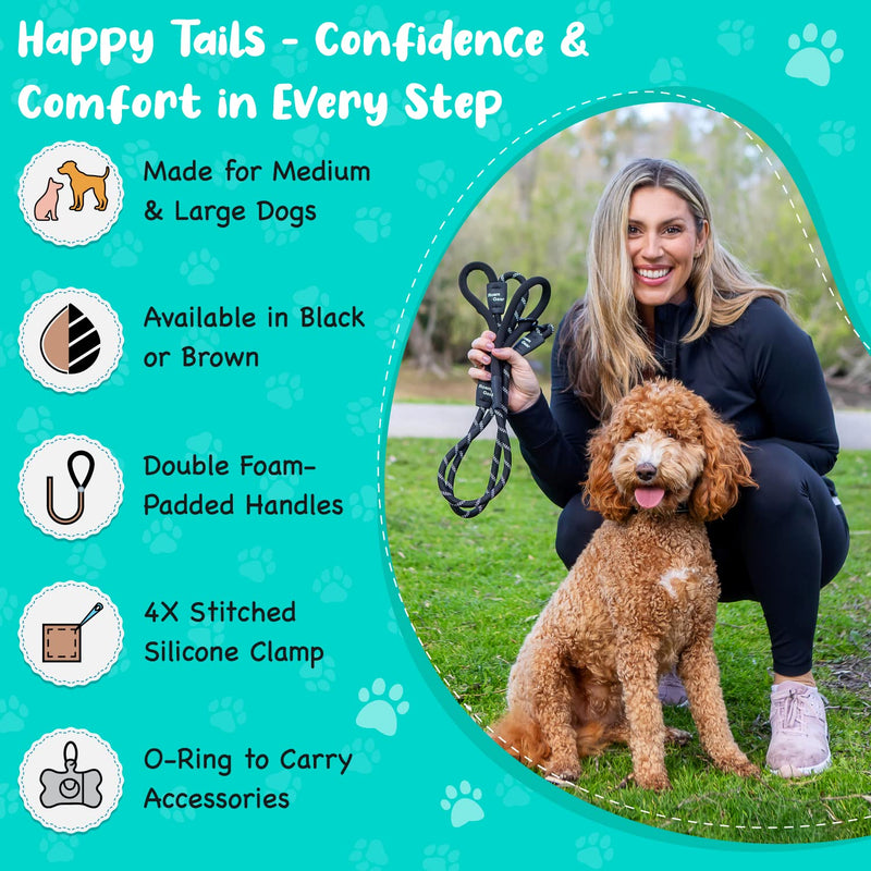 Roam Gear Extra Padded Double Handles, 6ft Long Heavy Duty Reflective Dog Leash with 360 Degree Spring-Loaded Carabiner Hook, Secure Silicone Clamps & O-Ring - Premium Dog Leash for Medium, Large Dogs Black - PawsPlanet Australia
