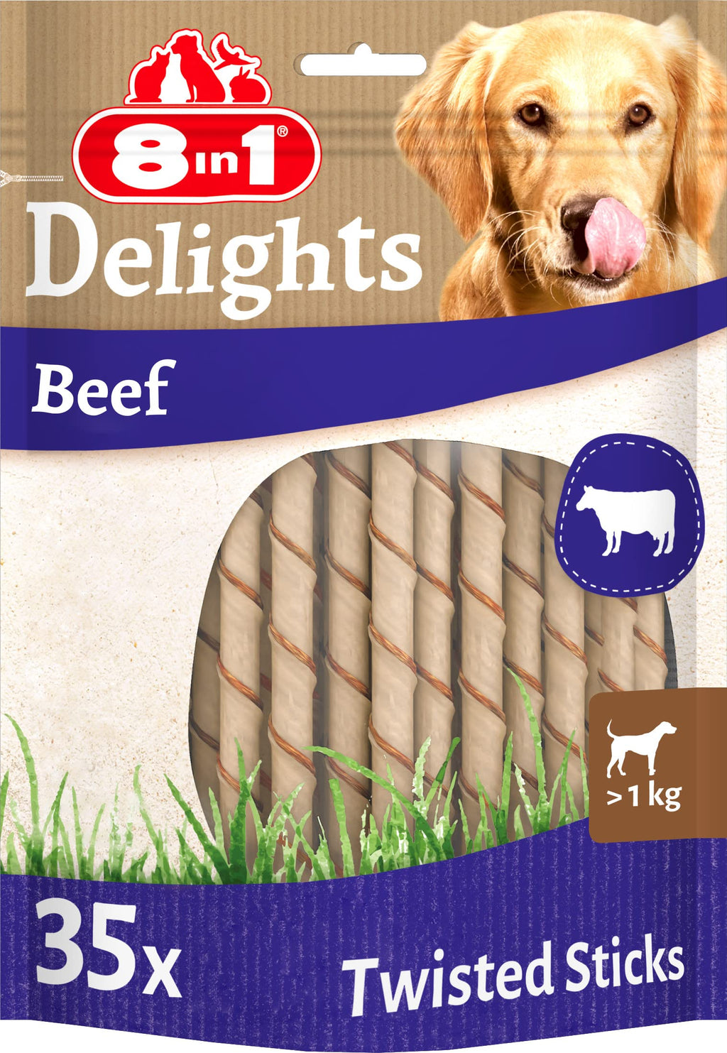 8in1 Delights Beef Twisted Sticks - healthy chewing sticks for sensitive dogs, high-quality beef wrapped in beef skin, 35 pieces (pack of 1) - PawsPlanet Australia