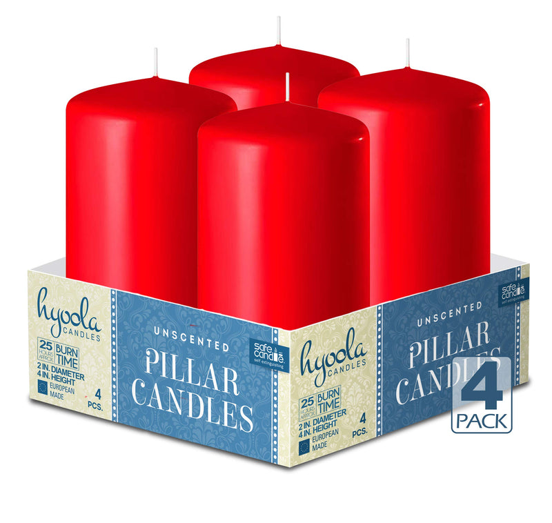 Hyoola Red Pillar Candles 2-inch x 4-inch - Unscented Pillar Candles - Set of 4 - European Made - PawsPlanet Australia