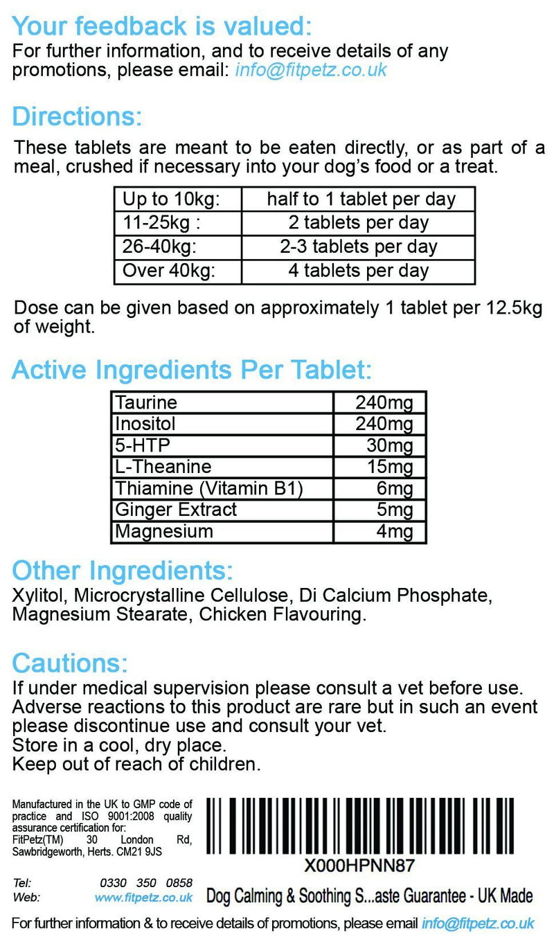 FitPetz Dog Calming & Soothing Supplements - CalmaWoof - Taurine, Inositol, 5-HTP, L-Theanine, Vit B1, Ginger Extract, Magnesium - 120 Chicken Flavoured Tablets - Taste Guarantee - UK Made - PawsPlanet Australia