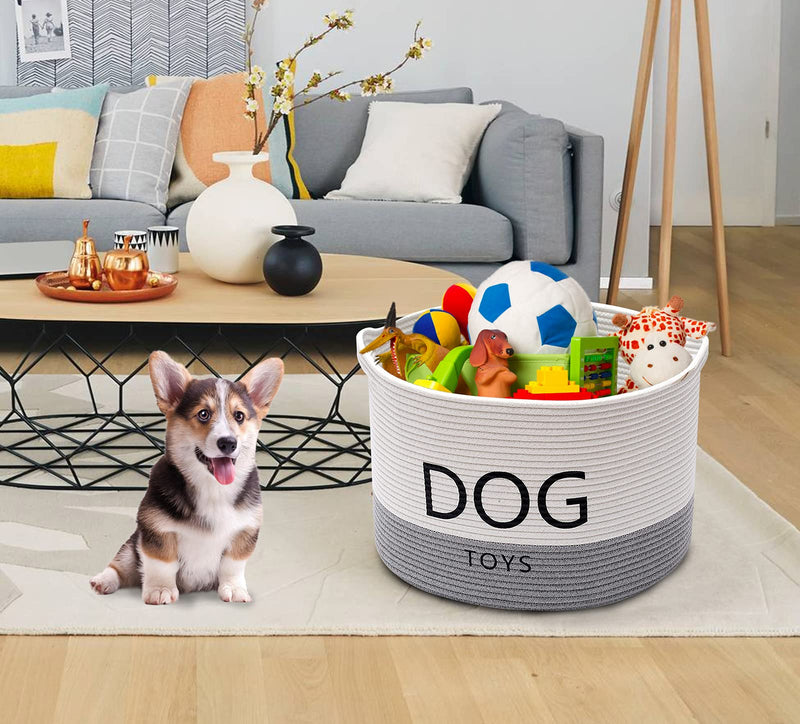 Morezi Durable rope round dog toy basket with handle, large dog bin - Perfect for organizing pet toys, blankets, leashes - WhiteGray White Gray - PawsPlanet Australia