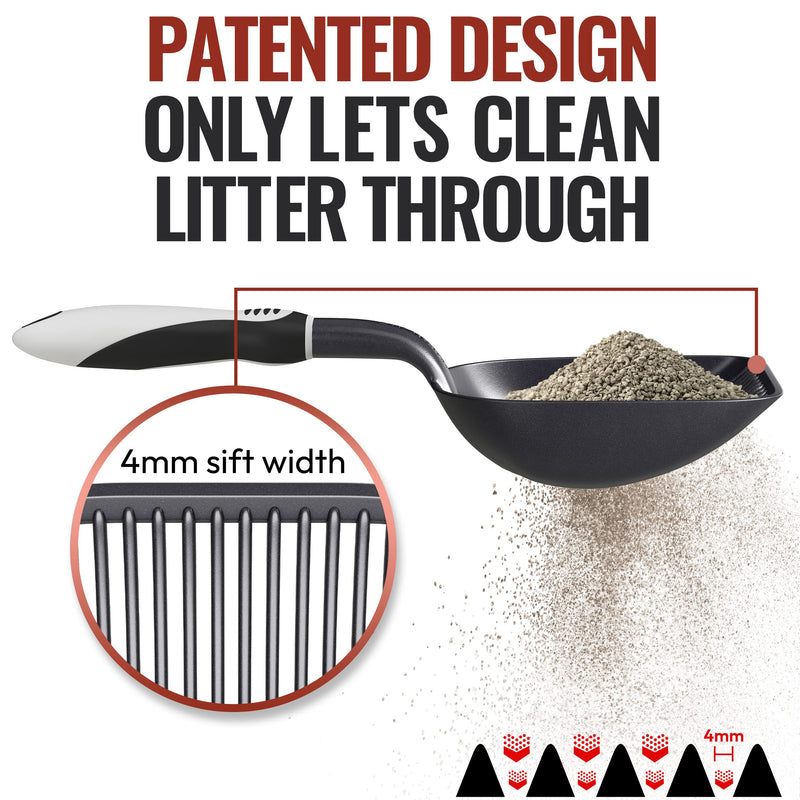 IPRIMIO Cat Litter Scooper with Deep Shovel - Non Stick Plated Aluminum Scoop - Designed by Cat Owners - Patented Sifter with Holder - Super Solid Handle - Black - PawsPlanet Australia