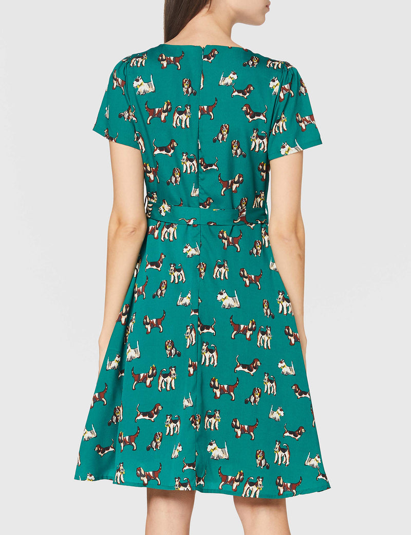 Yumi Women's Green Cute Dog Print Skater Dress Casual 12 - PawsPlanet Australia