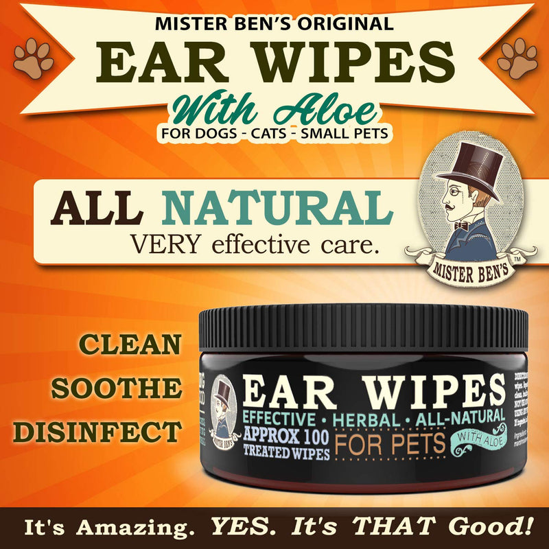 [Australia] - MISTER BEN'S Original XXL Treated Ear Cleaner Wipes w/Aloe for Dogs, Cats Small Pets – Most Effective Wipes Soothe & Clean Odors, itching, and irritations – Approx 100 Extra Large 3" Pads 