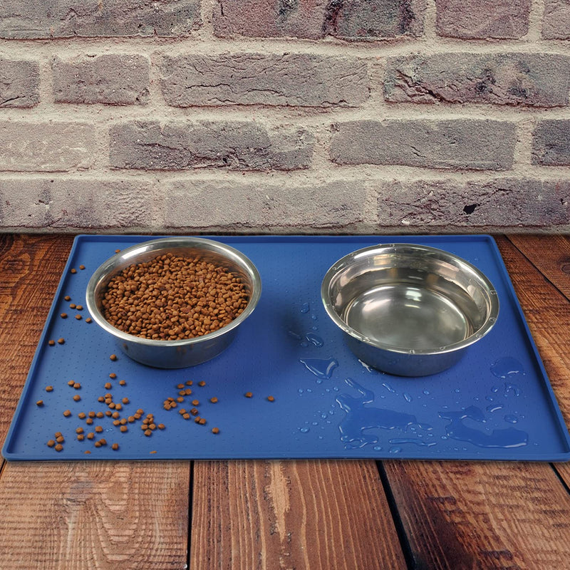 Mofason Pet Food Mat Waterproof Dog Mat XL (24x16) or L (20"x13") – 0.5 inch Raised Edge, Dog Cat Silicone Feeding Placemat Water Bowl Tray for Floors, Nonslip Washable Dog Mat for Food and Water Large - 24 x 16 inches Blue - PawsPlanet Australia