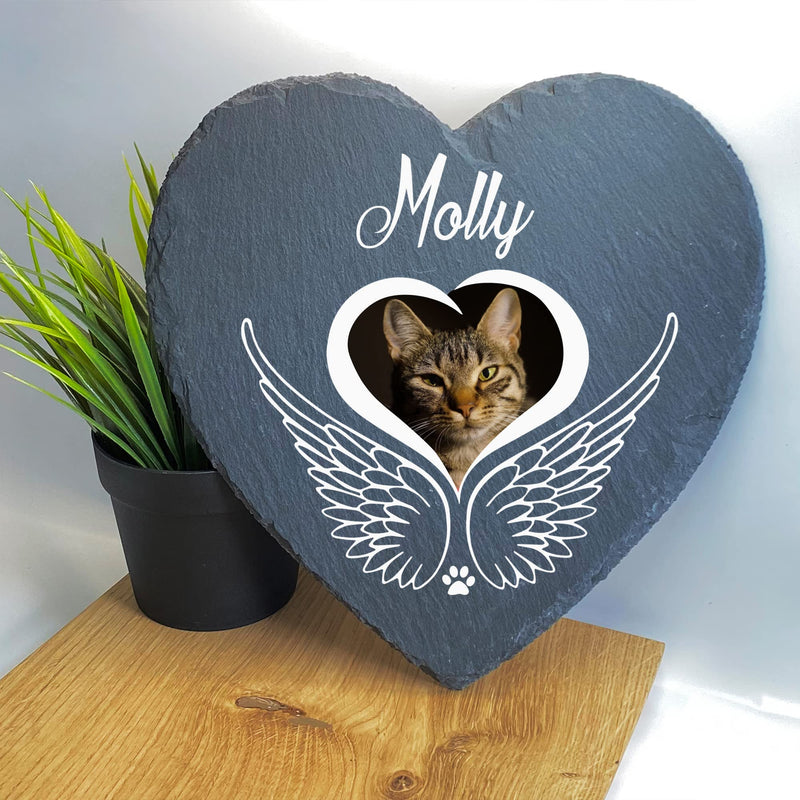 TULLUN Personalised Memorial Large Heart Shape Plaque + Stand For Pet Cat Dog Slate Stone Frame Paw Grave Marker - Angel Wings - Size | 9.8" x 9.8" or 25 x 25 cm| - PawsPlanet Australia