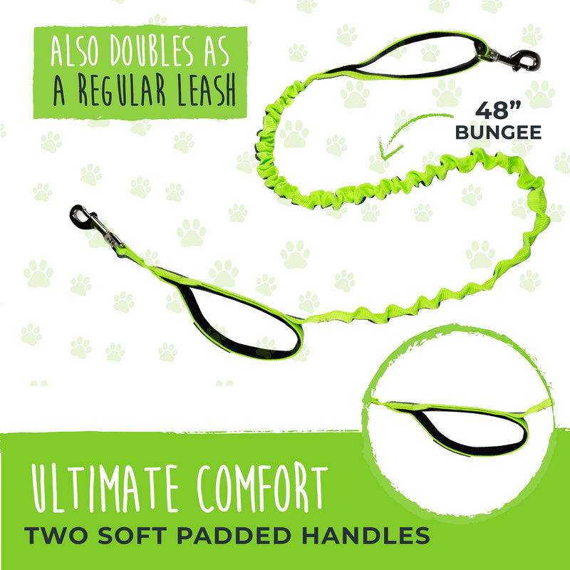 Mighty Paw Hands Free Bungee Leash 2.0 | 4’ Dog Lead W/ Dual Padded Traffic Handles for Running, Hiking & Jogging. Wearable Belt (27-48” Waistband) W/ 2 Attachment Loops. Pets Up to 150lb Green - PawsPlanet Australia