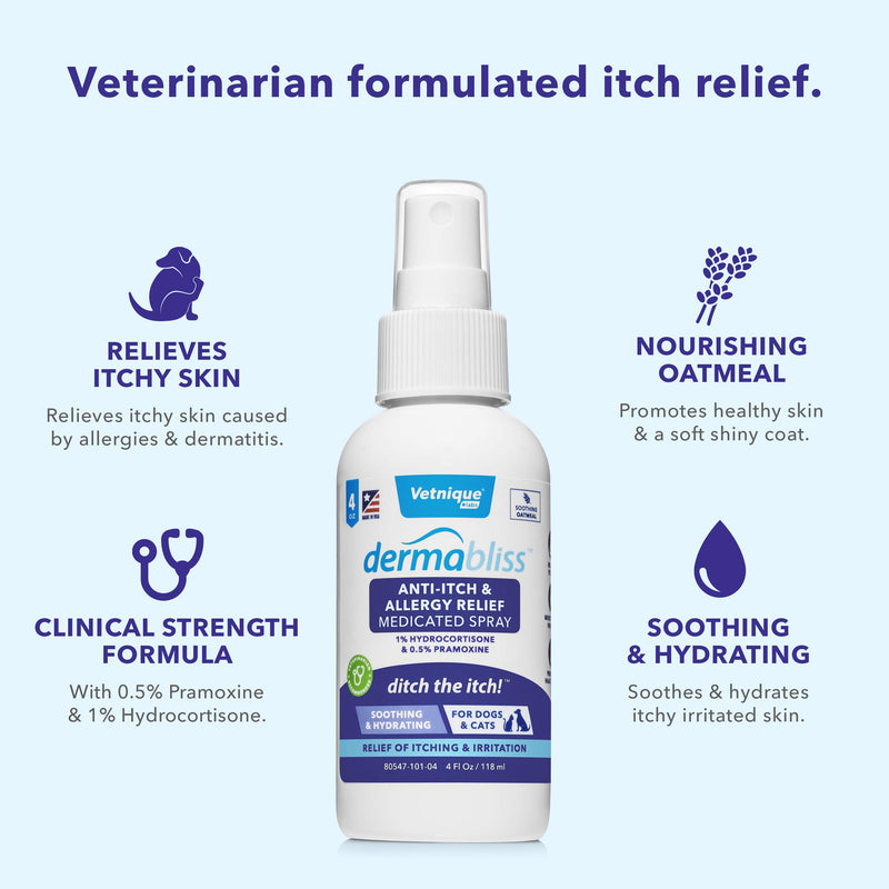 VETNIQUE LABS Dermabliss Anti-Itch & Allergy Relief Spray for Dogs & Cats with Hydrocortisone for Skin Care & Hot Spots - Fragrance Free, Ditch The Itch 4oz Spray Bottle - PawsPlanet Australia