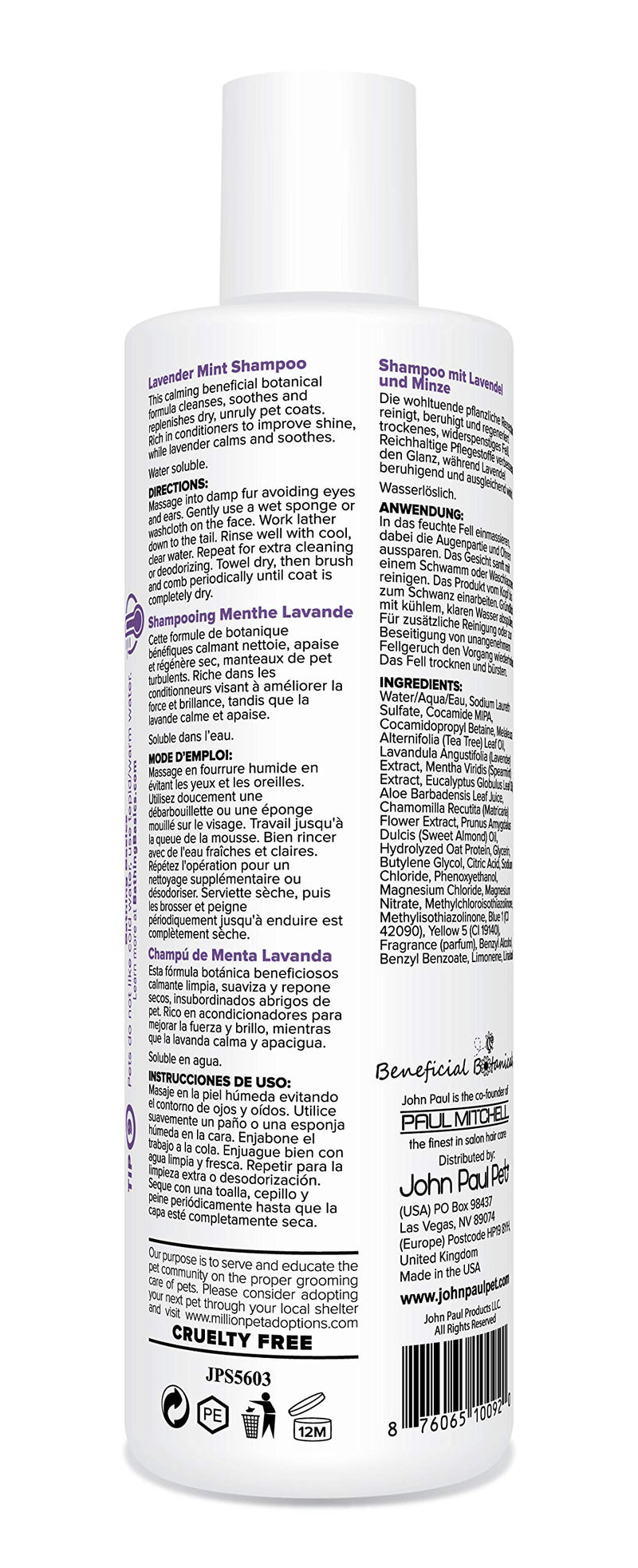 [Australia] - John Paul Pet Lavender Mint Shampoo for Dogs and Cats, Soothes Calms and Hydrates, 16-Ounce 16 Ounce Shampoo 