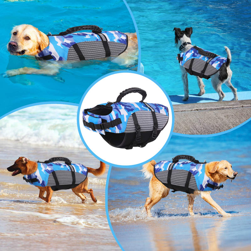 Camo Dog Life Jacket Pet Safety Vest Coat, Rescue Handle Reflective Adjustable Puppy Lifesaver Preserver, Ripstop Safety Swimsuit for Small to Large Dog in Pool Beach Lake Kayak Boat Swimming Surfing X-Small Blue - PawsPlanet Australia