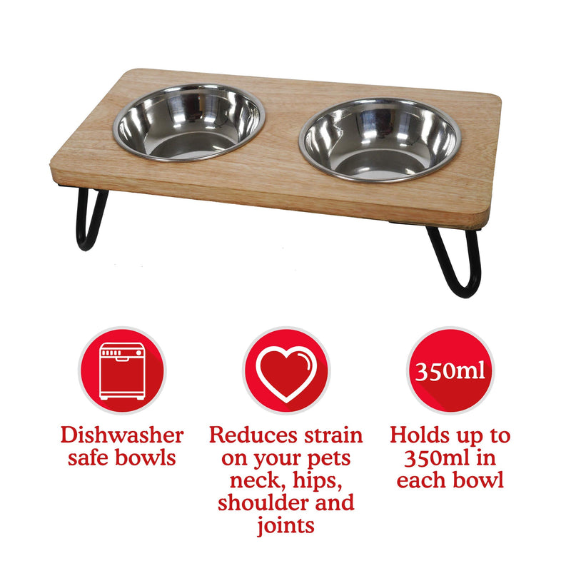 Rosewood Raised dog bowl for small and medium dogs and cats with a sturdy elevated stand and two stainless steel water and food bowls, Medium - PawsPlanet Australia