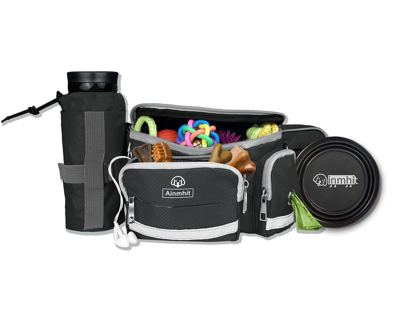 Ainmhit Dog Treat Pouch for Training, Dog Fanny Pack with Collapsible Water Bowl & Poop Bag Dispenser & Bottle Holder, Dog Walking Bag with Adjustable Waist Strap Black - PawsPlanet Australia