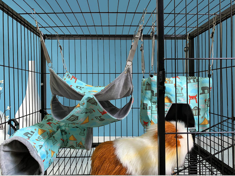 Guinea Pig Hideout Starter kit,Ferret Hammock Cage Accessories 3 Style,Double Hammock or Square House and Tunnel Bed… Blue - PawsPlanet Australia