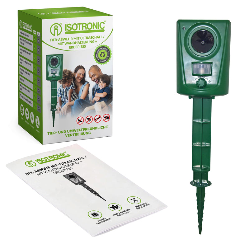 ISOTRONIC ultrasonic solar animal repeller, cat deterrent, marten deterrent up to 10m range, motion detector, weatherproof IP44, frequency 16-60 kHz (green) - PawsPlanet Australia