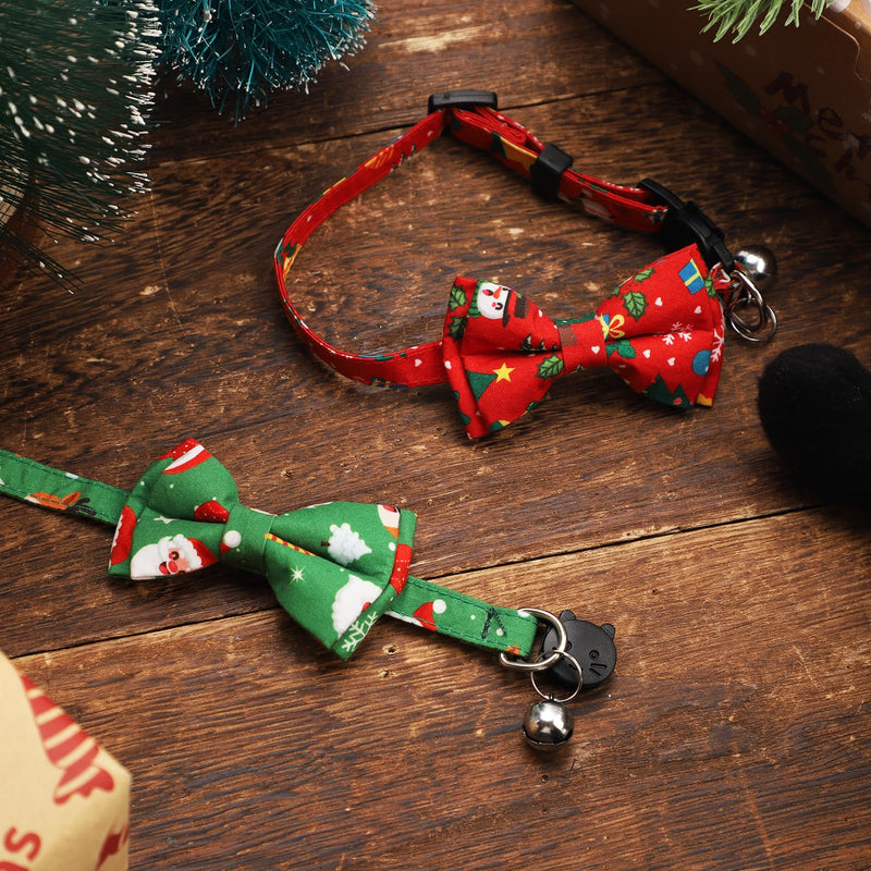 Pack of 2 Christmas Cat Collars with Bells and Bow Tie, Removable Adjustable Cat Collar Breakaway Cute Kitten Collar for Cats Puppies (Red Snowman + Green Santa Claus) - PawsPlanet Australia