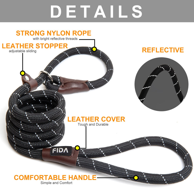 Fida Durable Slip Lead Dog Leash, Heavy Duty 1/2" x 6 FT Comfortable Strong Rope Slip Leash for Large, Medium & Small Dogs No Pulling Pet Training Leash with Highly Reflective Threads Large(1/2"-6ft) Black - PawsPlanet Australia