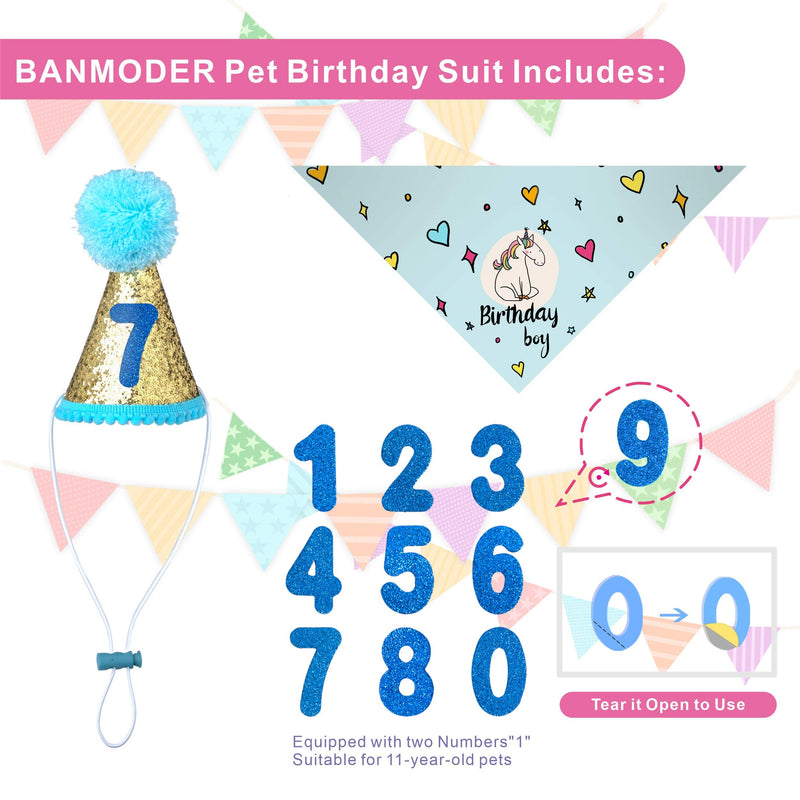 [Australia] - BANMODER Dog Birthday Bandana Square Scarf and Reusable Cute Doggie Birthday Party Hat with 0-8 Figures for Girls Boy BLUE 
