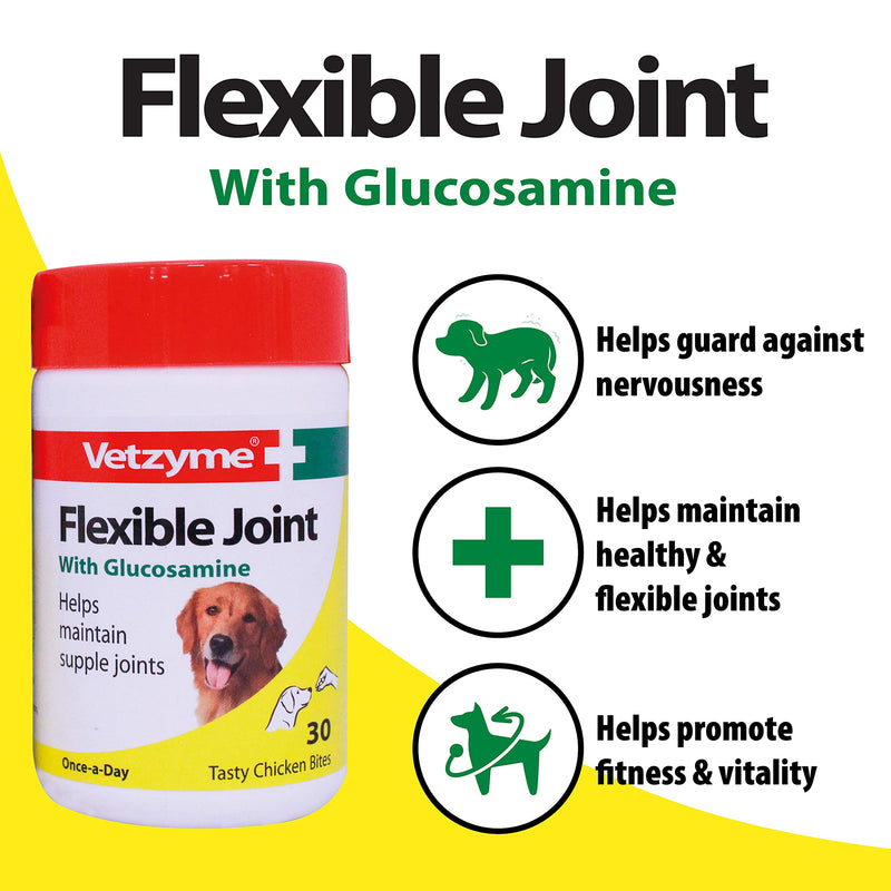 Vetzyme | Flexible Joint Tablets with Glucosamine for Dogs, Promotes Supple and Mobile Joints | Tasty Chicken Treats with Fish Oil (30 Tablets) 30 Tablets - PawsPlanet Australia