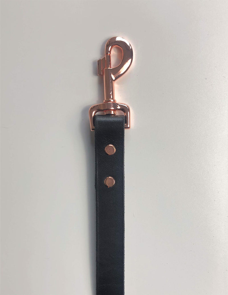 ITALIAN BRIDLE LEATHER DOG LEAD IN BLACK WITH ROSE GOLD TRIGGER 1" (25MM) WIDE - PawsPlanet Australia