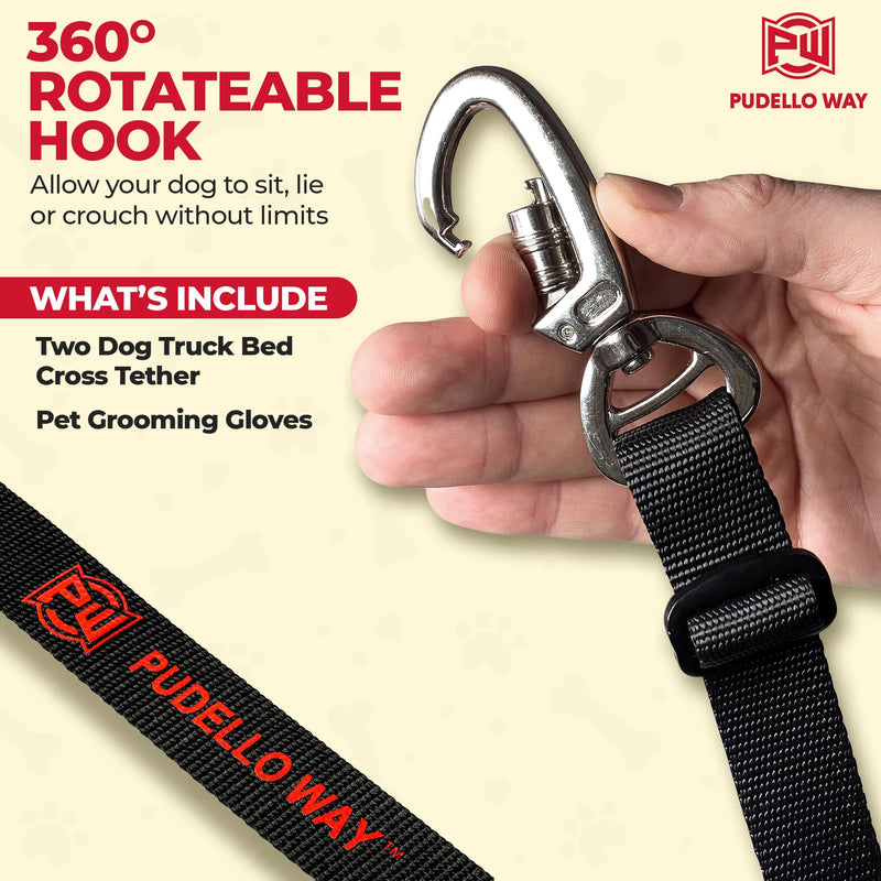 Pudello Way Two Dog Truck Bed Cross Tether - Canine Tie Down System - Adjustable Double Safety Leash for Car, SUV or Truck Bed for Dogs - Includes Pair of Pet Grooming Gloves - PawsPlanet Australia