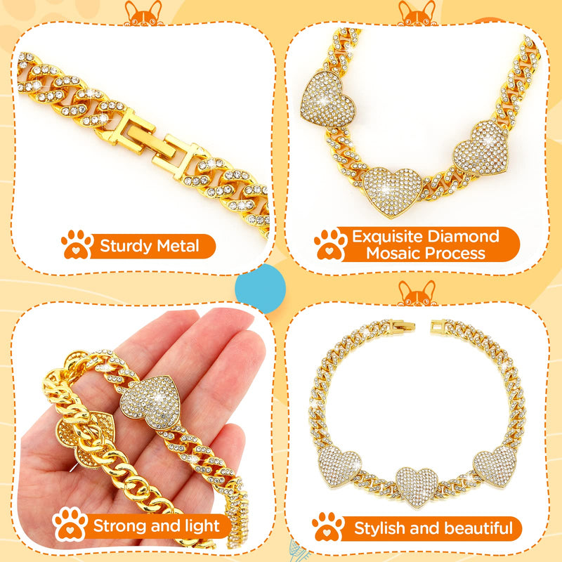Glitter Dog Chain Collar Gold Diamond Dog Collars Cuban Dog Chains Necklace Puppy Pet Metal Link Chain with Heart Charm Pet Jewelry Accessories Chain with Buckle for Small Medium Dogs Cats 10 inch - PawsPlanet Australia