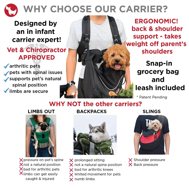 Woofgear Dog or Cat Front Pet Carrier Sling for Small Dogs | 4 Piece Hands-Free Harness with Puppy Pouch, Shopping Bag, and Jogging Leash for City, Travel, and Hiking | Breathable Mesh Up to 10 lbs. Small (up to 10 lbs.) Black 4 Piece Set - PawsPlanet Australia