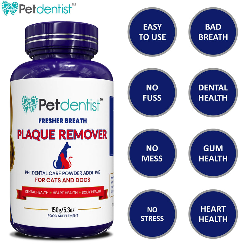 Petdentist- Premium Plaque Remover for Dogs and Cats Dental Care Powder, Promotes Dog Teeth Cleaning, Fresh Breath and Takes Tartar Plaque Off Dogs Easily, Best for Dog Bad Breath and Gums -150g - PawsPlanet Australia