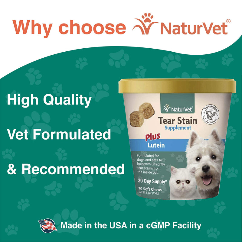 NaturVet – Tear Stain Plus Lutein | Eliminates Unsightly Tear Stains | Enhanced with Cranberry Extract, Calcium Ascorbate & Oregon Grape Root | For Dogs & Cats | 70 Soft Chews - PawsPlanet Australia