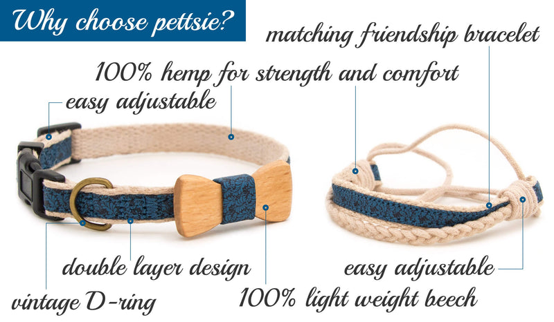 pettsie Matching Dog Collar Bow Tie & Owner Friendship Bracelet, Durable Hemp for Extra Safety, 3 Easy Adjustable Sizes, Comfortable and Soft, Strong D-Ring for Easy Leash Attachment S (26.7-36.8 cm) Blue - PawsPlanet Australia