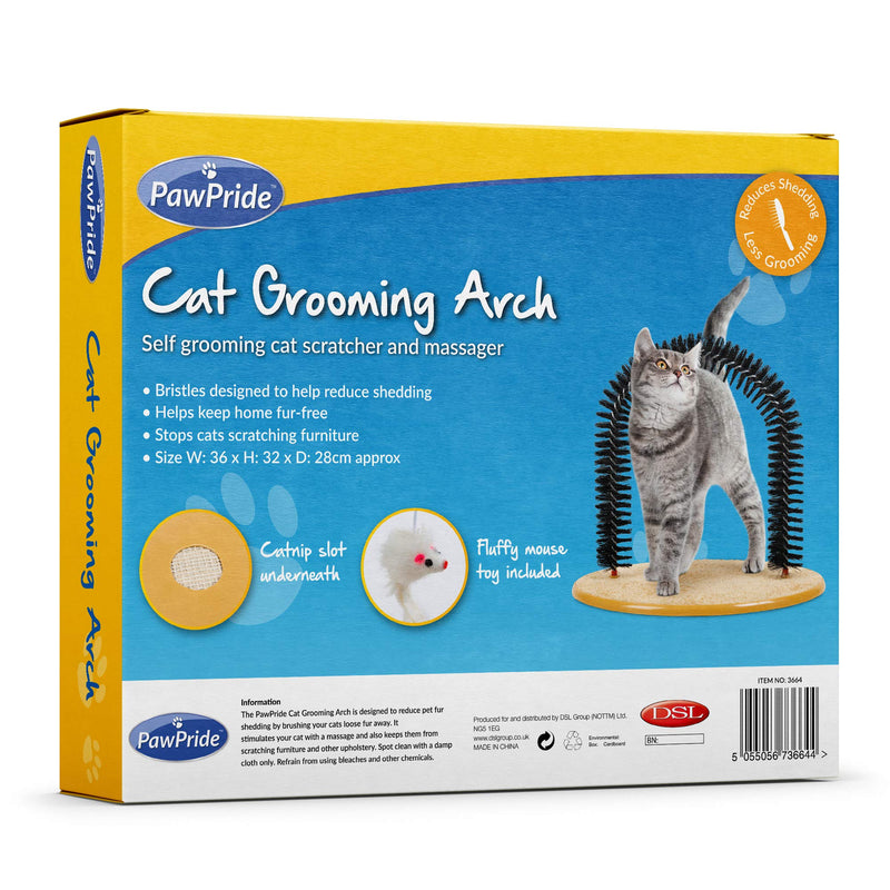 PawPride Cat Grooming Arch - Soft Brush Bristles for Scratching, Massage and to Stop Shedding - Scratch Base with Catnip Compartment and Fluffy Mouse Toy - Perfect for Playful Cats and Kittens - PawsPlanet Australia