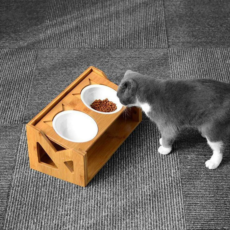 ECOSCO Pets Cats Bowl, Ceramic Feeding Drinking Bowls Combination with Bamboo Frame, for Neck Health, Adjustable Three Heights,with 2 Ceramic Bowls (A) A - PawsPlanet Australia