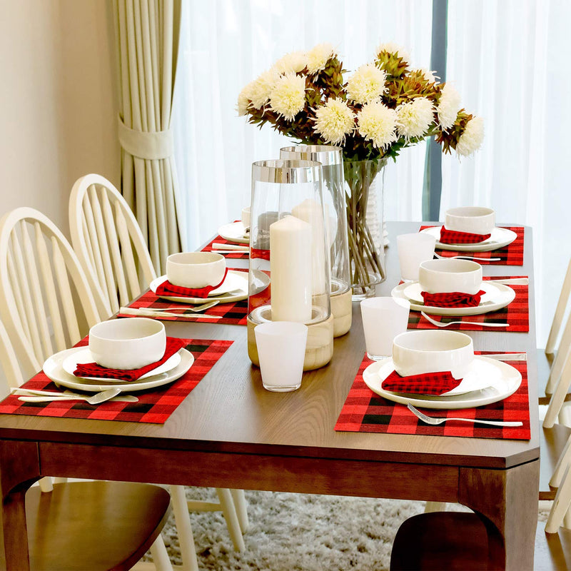 Funyear Cotton and Burlap Check Placemats for Christmas Table Décor,Red and Black Plaid Table Mats, Waterproof Plaid Placemats for Christmas Decorations(6pcs) Red and Black - PawsPlanet Australia