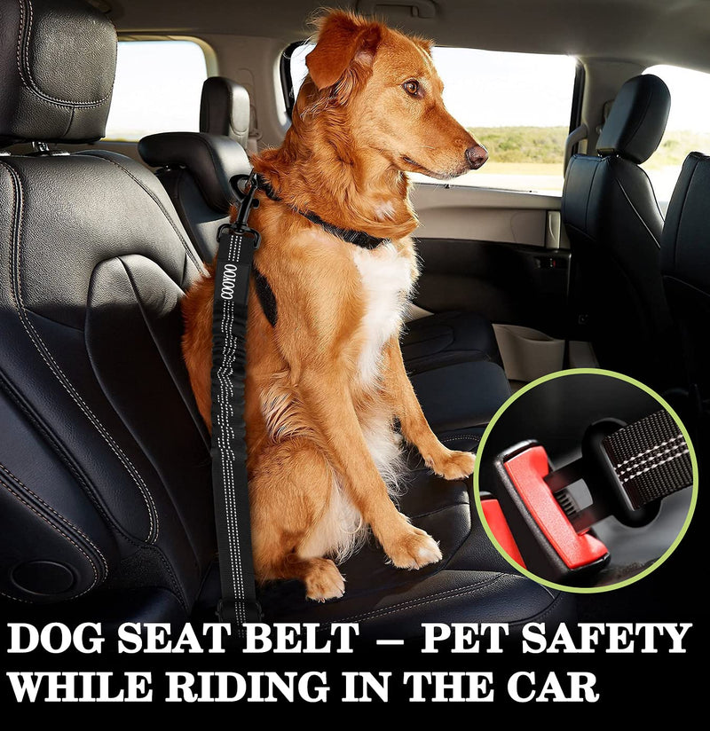 COOYOO Dog Seat Belt,2 Packs Retractable Standard and Headrest Dog Seat Belts,Adjustable Car Harness for Vehicle with Shock Absorbing Bungee and Reflective Threads for Car Dogs Restraint Set1-Black+Balck - PawsPlanet Australia