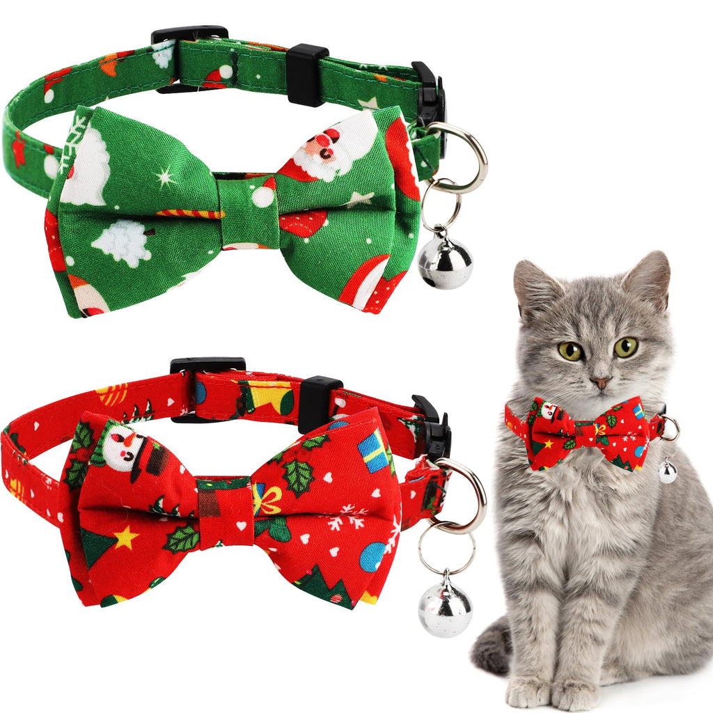 Pack of 2 Christmas Cat Collars with Bells and Bow Tie, Removable Adjustable Cat Collar Breakaway Cute Kitten Collar for Cats Puppies (Red Snowman + Green Santa Claus) - PawsPlanet Australia