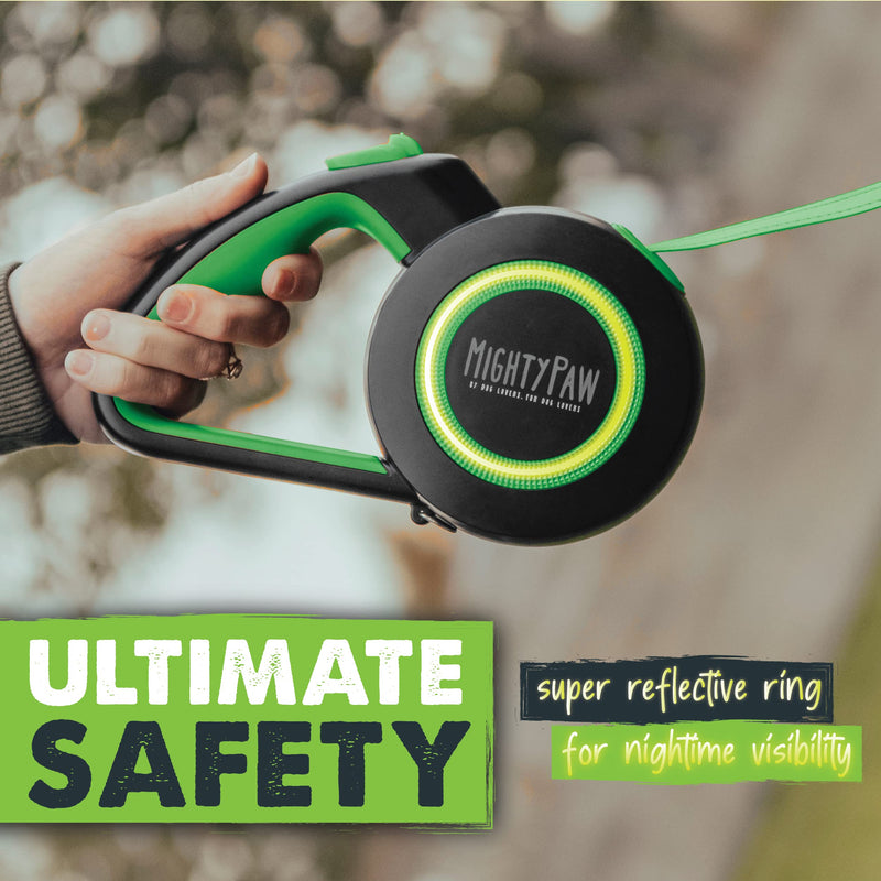 Mighty Paw Retractable Dog Leash 2.0 | 16’ Heavy Duty Reflective Nylon Tape Lead for Pets Up to 50 LBS. Tangle Free Design W/ One Touch Quick-Lock Braking System & Anti-Slip Handle. (Green/Lite) Lite Green - PawsPlanet Australia