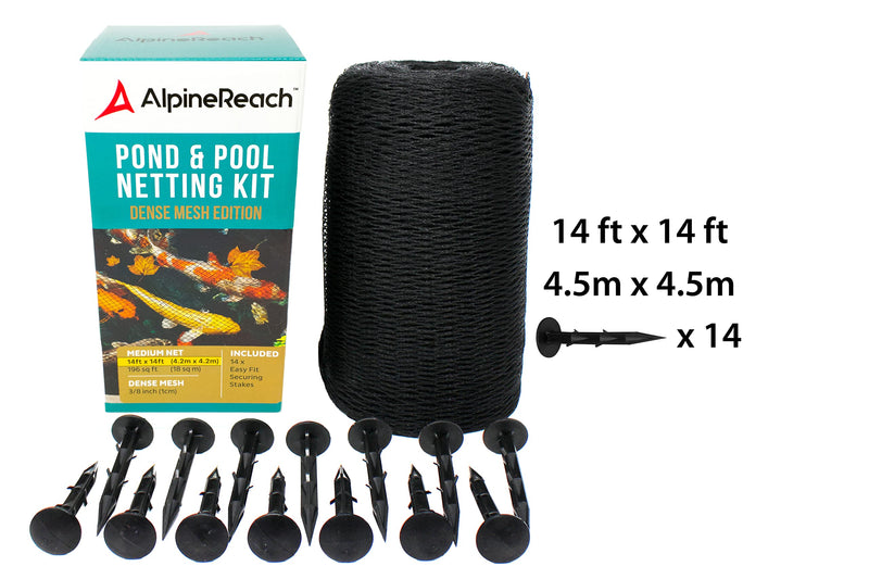 AlpineReach Koi Pond Netting Kit 4.5m x 4.5m Black Heavy Duty Woven Fine Mesh Net Cover for Leaves - Protects Koi Fish from Blue Heron Birds Cats Predators UV Protection - Reusable & Stakes Included 4.5x4.5m - PawsPlanet Australia