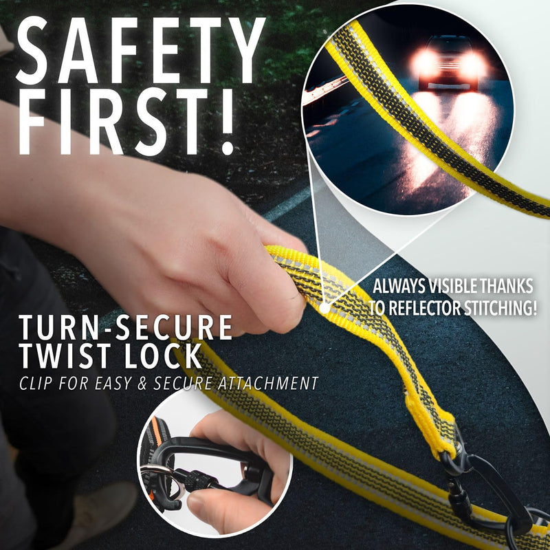 bluzelle Strong dog leash 3 m for large dogs up to 100 kg, extra robust 360° aluminum carabiner hook, rubberized double leash for 2 dogs, adjustable hands-free leash for hanging around the neck, color: yellow - PawsPlanet Australia