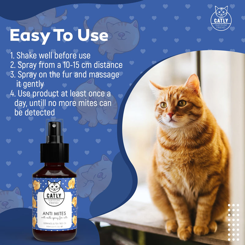 Catly Anti Mite Spray - Cat Spray For Mites: Tea Tree Oil & Lavander Oil For Cat Mites Treatment & Cat Hair Treatment - Alternative For Cat Dry Shampoo & Cat Comb, 100ml - PawsPlanet Australia
