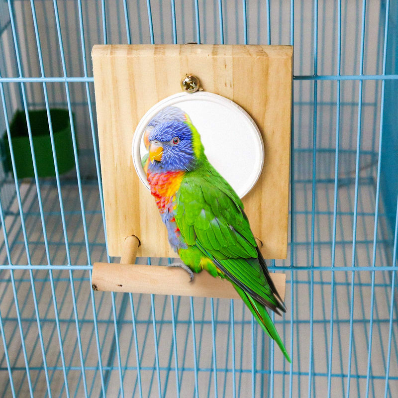 [Australia] - suruikei Bird Mirror Toy with Wooden Perch Stand, Birdcage Fun Platform Stand Toys for Macaws Lovebird Cockatoo Parakeet Conure Finch Cockatiels Bird Cage Accessories Wood Toy Set 1 