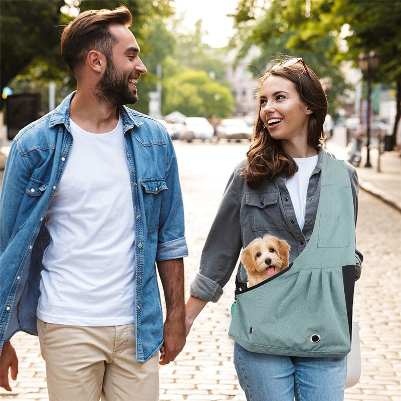 SLSON Pet Sling Carrier Hands-free Sling Pet Dog Cat Carrier Bag with Adjustable Shoulder for Cat and Small Dog Outdoor and Travelling, comes with Collapsible Dog Bowl, Small Size, Green - PawsPlanet Australia