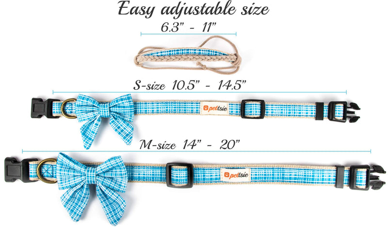 [Australia] - Pettsie Dog Collar Bow Tie & Owner Friendship Bracelet, Adjustable Size Small & Medium, Durable, Soft, Pet-Friendly Hemp with Fancy Cotton Pattern, Strong D-Ring for Easy Leash Attachment Blue 
