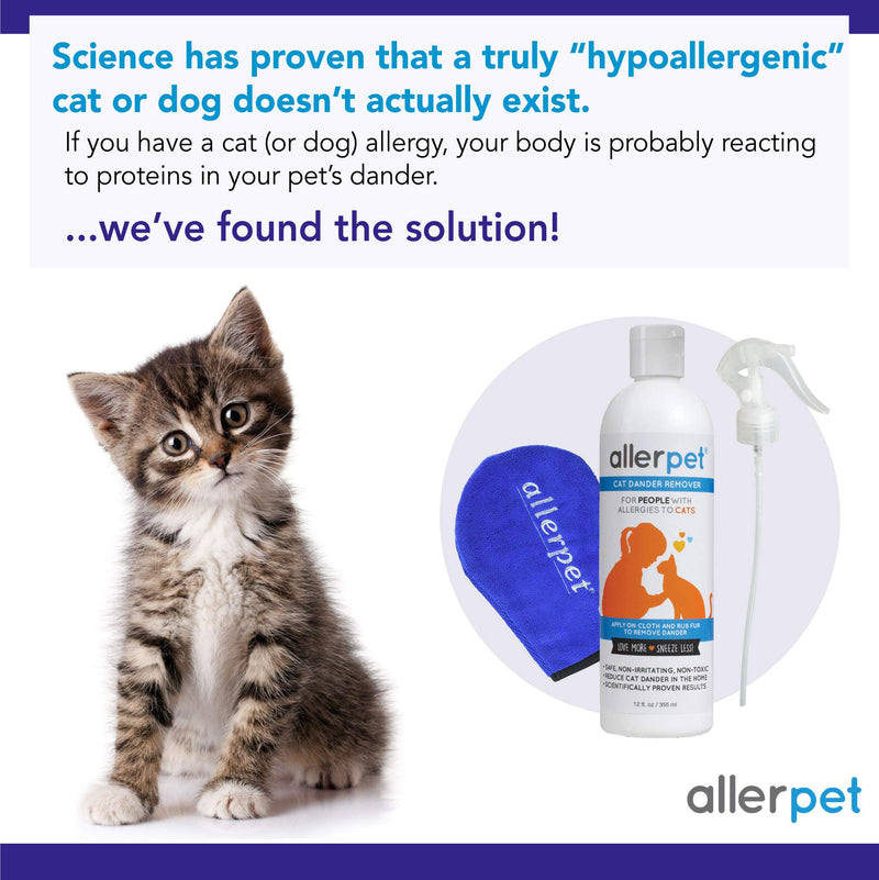 Allerpet Cat Dander Remover - 100% Non Toxic Pet Allergen Reducer - Scientifically Proven for Effective Cat Allergy Relief - Proudly USA Made (12oz) Single w/ Applicator Mitt + Sprayer - PawsPlanet Australia