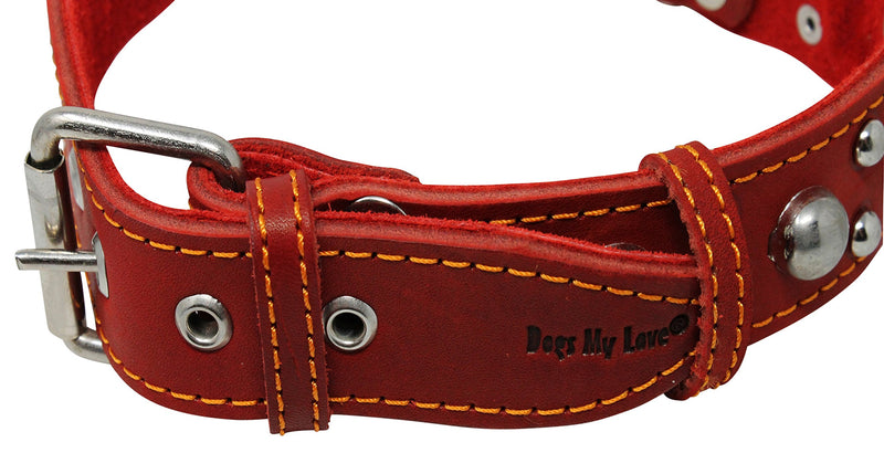 [Australia] - Red Real 1.5" Wide Thick Leather Studded Dog Collar. Fits 17"-21.5" Neck, Large Breeds. 